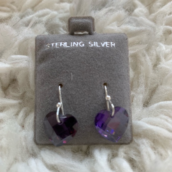 Purple Crystal Heart Sterling Silver Earrings - Picture 3 of 5